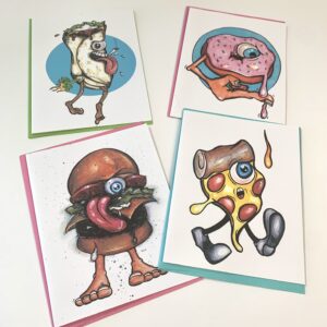 Food Fiends – Set of 4 Greeting Cards – Blank Anthropomorphic Food Art Notecards and Envelopes