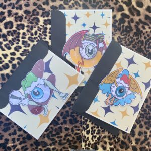 Xmas Flying Eyeballs – Set of 3 Sticker Greeting Cards – Blank Cards/Stickers and Envelopes